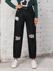 SHEIN EZwear High Waist Ripped Mom Fit Jeans - Black - View 1