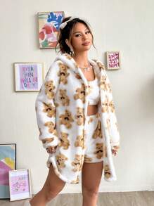 SHEIN EZwear Họa tiết gấu Thả vai áo có mũ Áo khoác Teddy & Quần short - Màu be - Xem 1