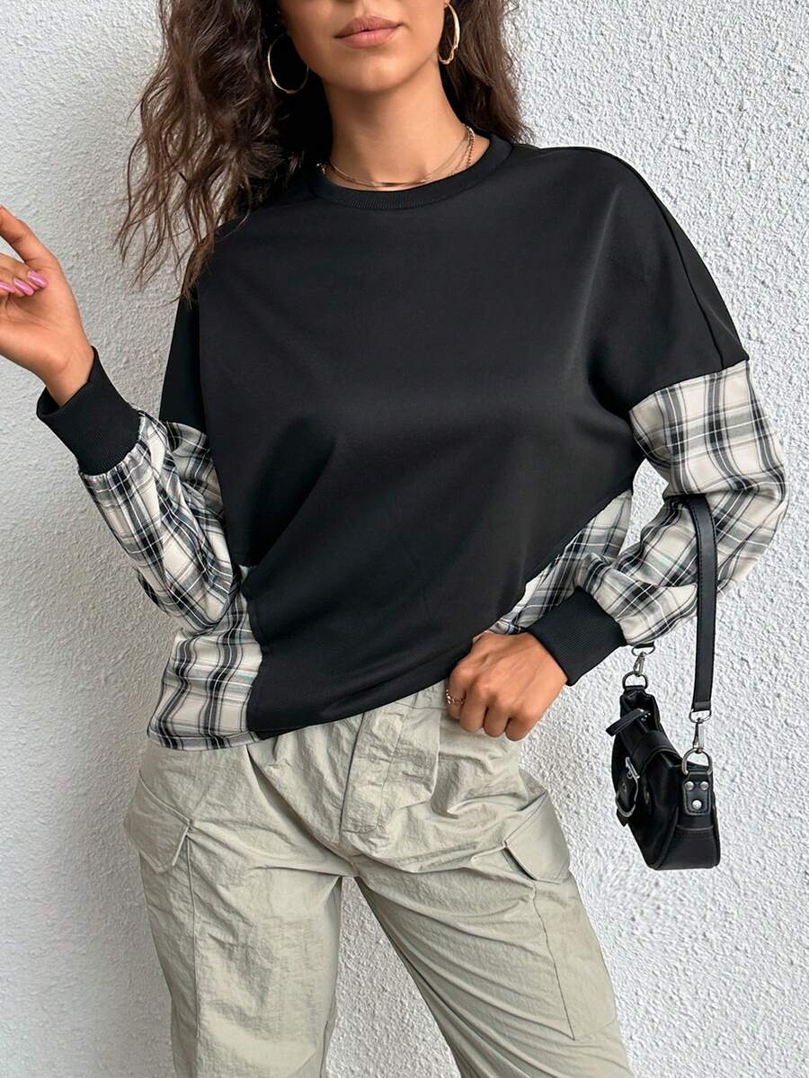 SHEIN Essnce 格紋印花落肩袖運動衫 - 黑色 - 查看 1