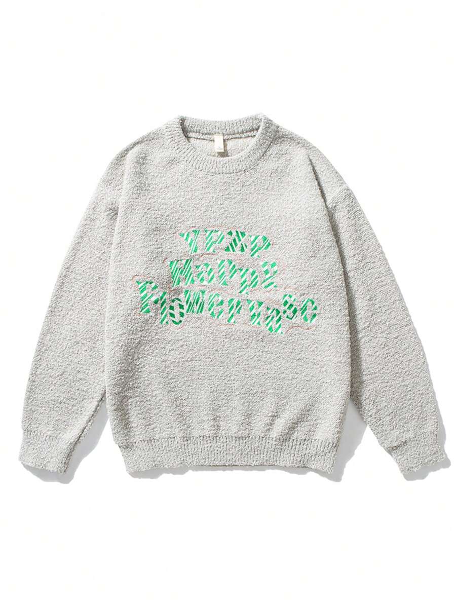 Men Slogan Embroidery Drop Shoulder Sweater - Light Grey - View 1