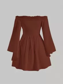 SHEIN MOD Off Shoulder Trumpet Sleeve Dress - Coffee - View 2