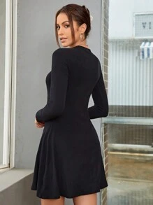 SHEINNeu Crown Pattern Ribbed Knit Dress - Black - View 2