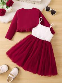 SHEIN Glamorique Kids 女小童荷葉邊夾克&貼花網紗喇叭下擺吊帶洋裝