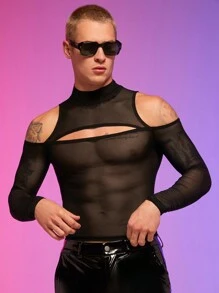 FeverCity 男士挖肩鏤空網紗T恤 - 黑色 - 查看 4