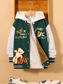 SHEIN Tween Boy Slogan Graphic Bear Decor Thermal Lined Varsity Jacket Without Hoodie - Green - View 6