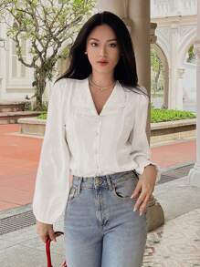 DAZY Pearls Beaded Lantern Sleeve Button Front Satin Blouse,Long Sleeve Tops,Fall Clothes - White - View 12