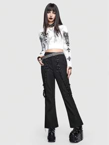 ROMWE Grunge Punk Solid Grommet Eyelet Flare Leg Pants - Black - View 2