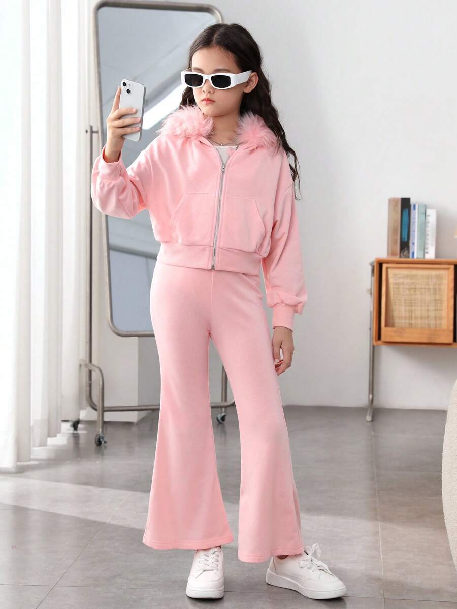 SHEIN 女大童1入組落肩袖拉鍊開襟毛茸邊連帽夾克和1入組喇叭褲 - 粉色 - 查看 1