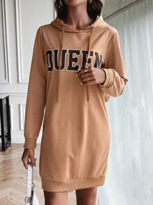 SHEIN Frenchy Đồ họa Chữ cái Dây rút Váy Hoodie - Màu be - Xem 3