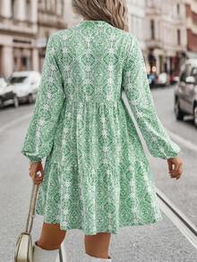 SHEIN LUNE Allover Print Tie Neck Ruffle Hem Smock Dress - Green - View 2