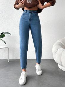 EURMUSE High Waist Mom Fit Jeans - Biru - View 4