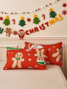 3 piezas Set colcha rojo poliéster Navidad temático con Papá Noel , hombre de pan de jengibre , con con estampado de árbol - Rojo - Ver 6