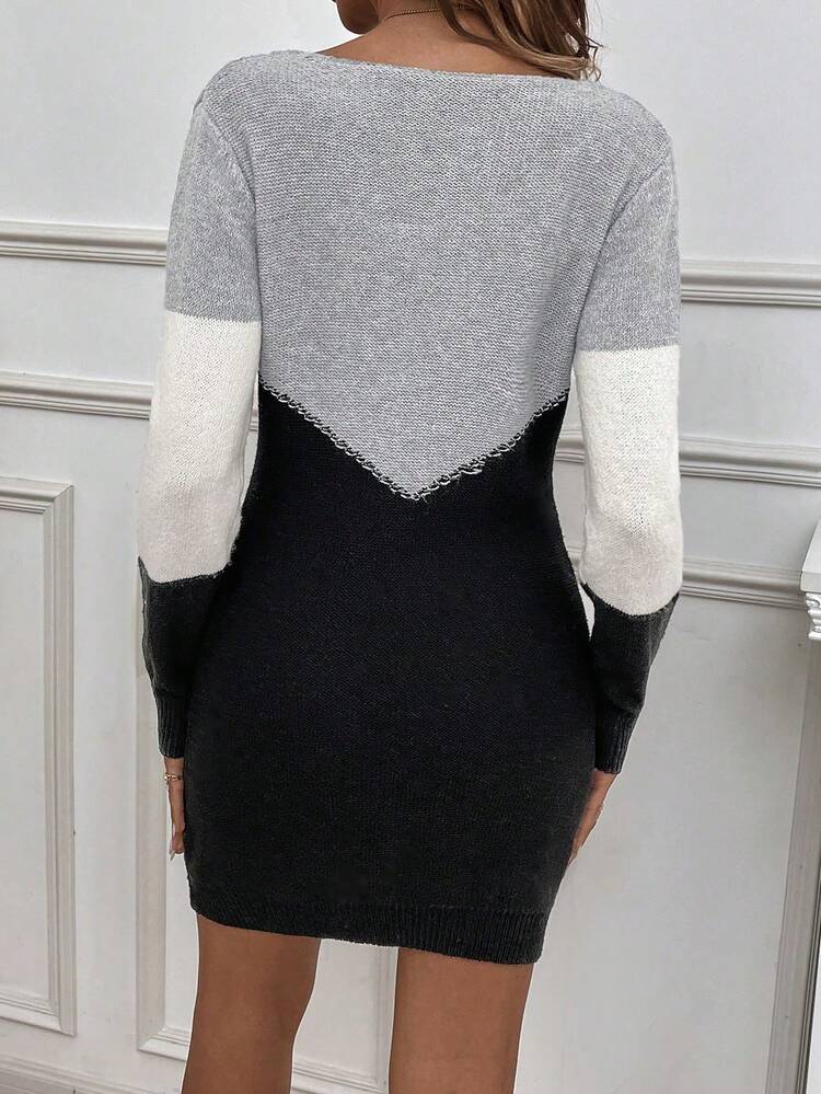 Two Tone Bodycon Sweater Dress Fall Winter Cloth For Women