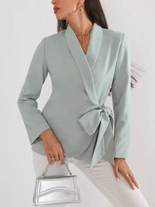 SHEIN Privé Blazer de cuello esmoquin cruzado con nudo lateral - Azul Cadete - Ver 5