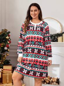 SHEIN LUNE Plus Christmas Print Tee Dress - Red - View 3