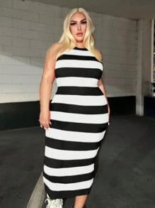 SHEIN SXY 大碼條紋圖案緊身毛衣洋裝 - 黑與白 - 查看 3