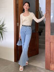 DAZY 扭結正面方領肋編針織毛衣 - 杏色 - 查看 6