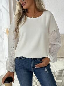 SHEIN LUNE Eyelet Embroidery Lantern Sleeve Top - White - View 6
