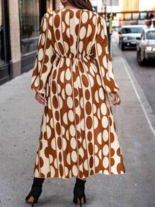 SHEIN Clasi Plus Allover Print Surplice Neck Dress - Brown - View 2