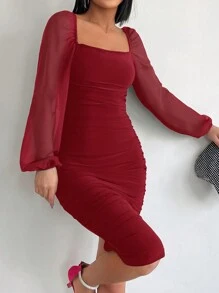 EURMUSE Vestido ajustado de cuello cuadrado de manga farol fruncido - Rojo - Ver 4
