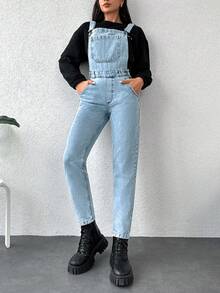Cottnline Slant Pocket Denim Overalls Without Top - Blue - View 4
