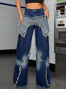 SHEIN EZwear Two Tone Raw Trim Flap Pocket Jeans - Medium Wash - View 1