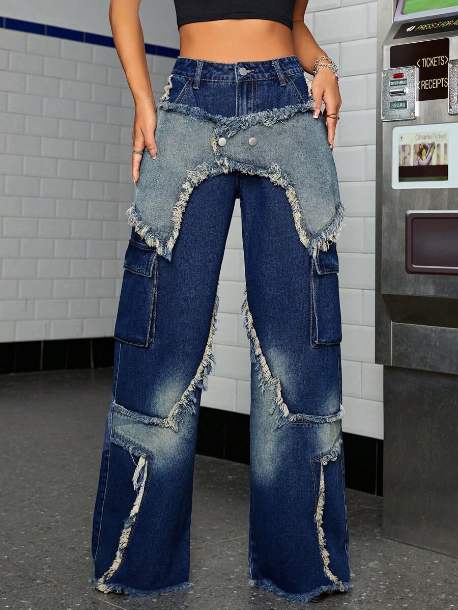 SHEIN EZwear Two Tone Raw Trim Flap Pocket Jeans - Medium Wash - View 1