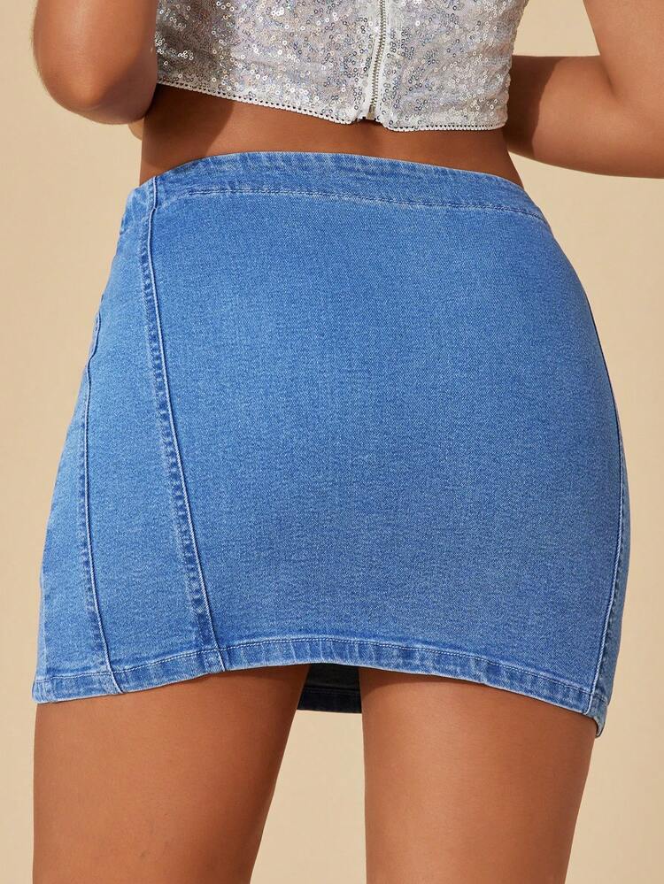 Flap Detail Bodycon Denim Skirt