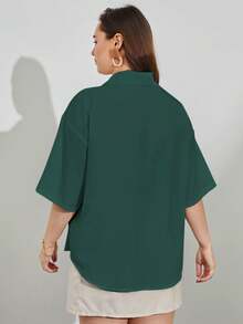 SHEIN Clasi 大碼素色落肩袖前紐扣襯衫 - 墨綠色 - 查看 2