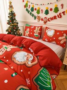 3 piezas Set colcha rojo poliéster Navidad temático con Papá Noel , hombre de pan de jengibre , con con estampado de árbol - Rojo - Ver 5