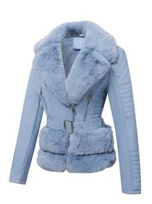 Faux Leather Jacket For Women With Elegant Faux Fur Collar, Belt, And Warm Vintage Style - Perfect For Fall And Winter Season - 藍色 - 查看 3