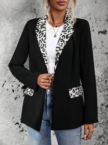 SHEIN LUNE Leopard Print Lapel Neck Blazer - Black - View 5