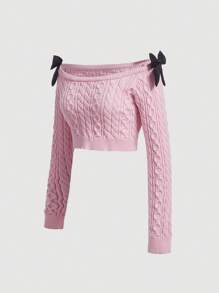 SHEIN MOD Off Shoulder Bow Detail Cable Knit Sweater - Pink - View 3