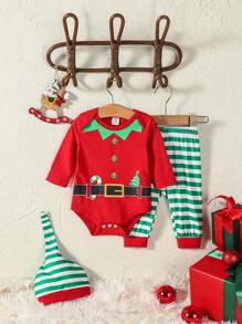 男嬰聖誕圖案連身背心&條紋圖案長褲&帽