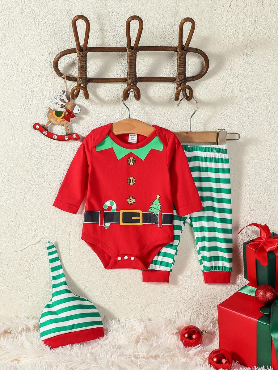男嬰聖誕圖案連身背心&條紋圖案長褲&帽