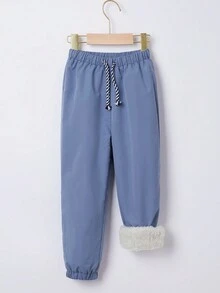 SHEIN 男小童腰部抽繩加絨內裏長褲 - 藍色 - 查看 6