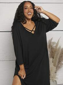 SHEIN CURVE+ Plus Crisscross Front Curved Black Long Sleeve Hem Tee Dress - Black - View 5