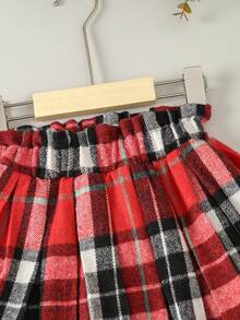 SHEIN 女小童格紋印花前蝴蝶結娃娃領運動衫&紙袋腰百褶半身裙 - 紅色 - 查看 6