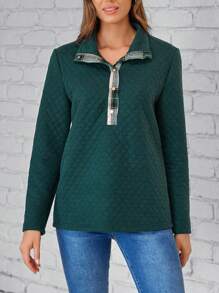 SHEIN LUNE Contrast Plaid Panel Button Front Tee - Asker Yeşili - Görünüm 1