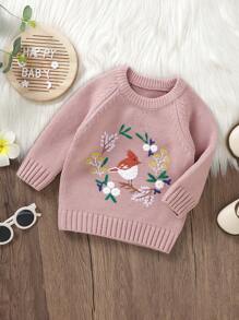 Baby Girl Floral & Rabbit Pattern Raglan Sleeve Sweater - Pink - View 4