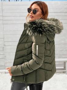 Anewsta Winter Casual Solid Color Fur Hooded Padded Coat