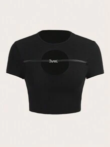 SHEIN ICON Cut Out Front Crop Tee - Black - View 1