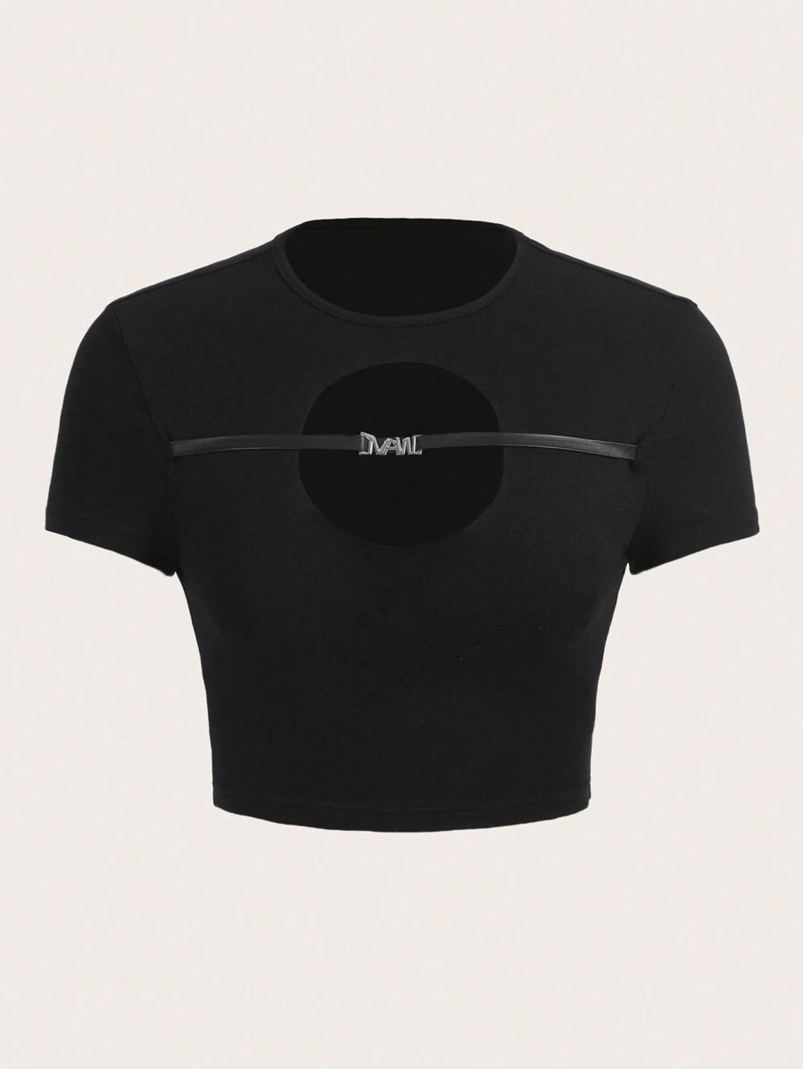 SHEIN ICON Cut Out Front Crop Tee - Black - View 1