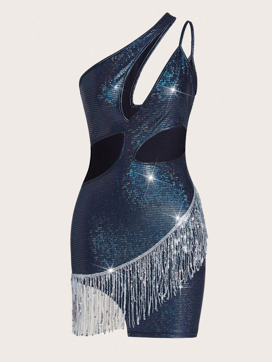 SHEIN Sweetina One Shoulder Cut Out Fringe Trim Bodycon Dress - Black - View 1