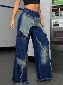 SHEIN EZwear Two Tone Raw Trim Flap Pocket Jeans - Medium Wash - View 4