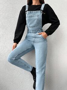 Cottnline Slant Pocket Denim Overalls Without Top - Blue - View 5
