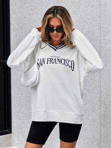 SHEIN Cottnline Đồ họa Chữ cái Thả vai Áo nỉ - Đen và trắng - Xem 3