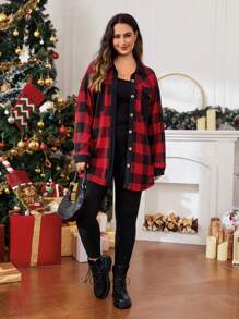 SHEIN LUNE Plus Buffalo Plaid Print Drop Shoulder Coat - Red - View 4
