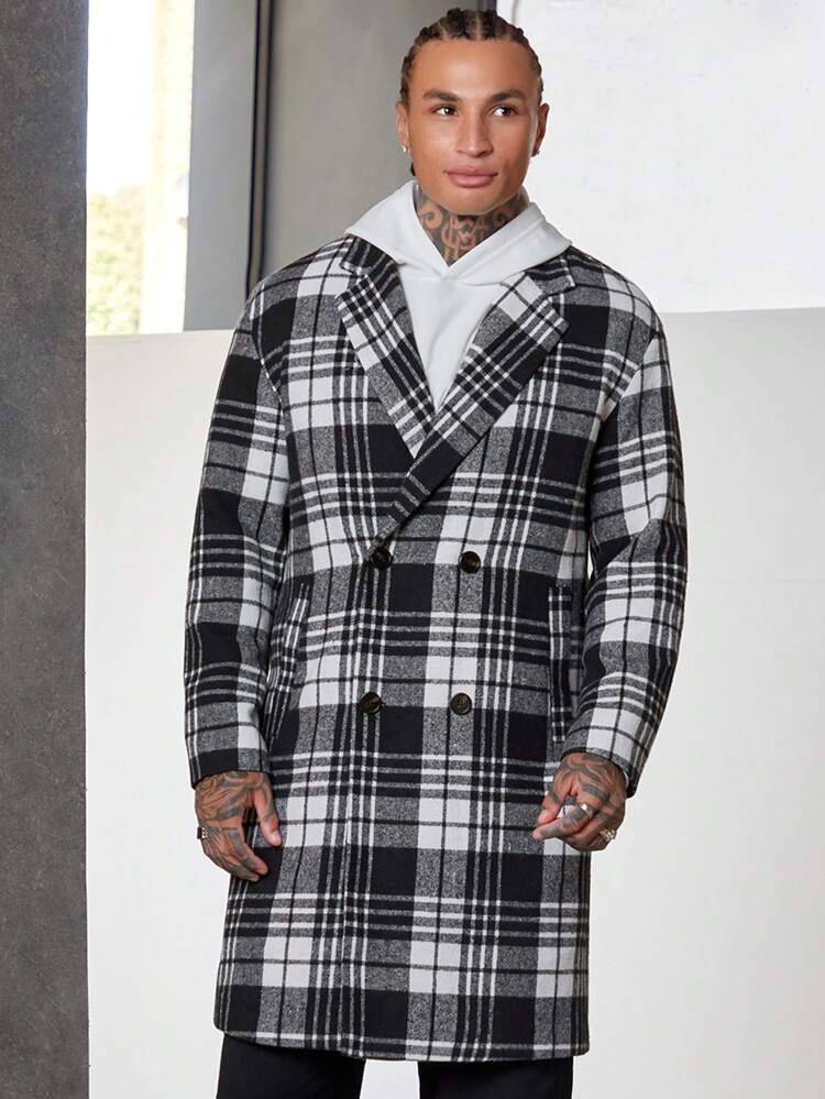 Loose Fit Men's Plaid Double-Breasted Overcoat, For Fall Winter