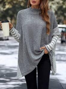 SHEIN LUNE 條紋圖案蝙蝠袖小高領斗篷 - 灰色 - 查看 4